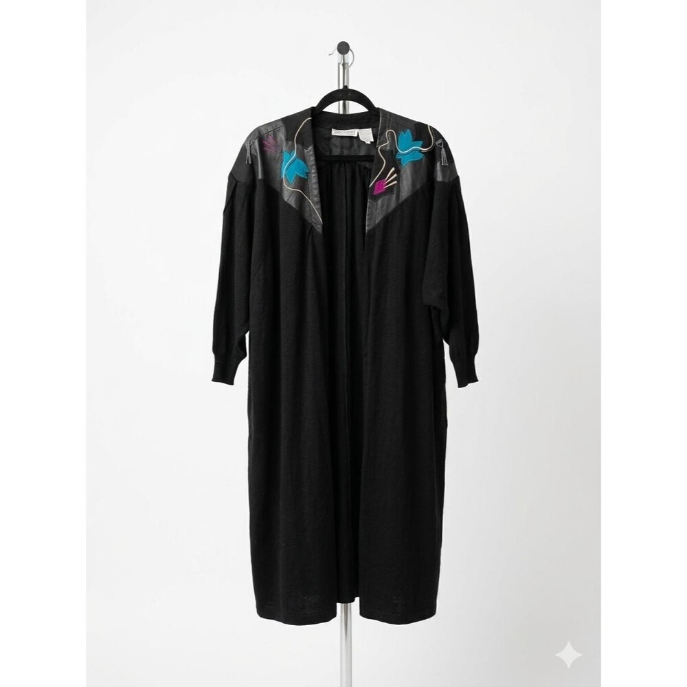 Vintage Marc DAlcy Paris Black Wool Cardigan Leather Embroidered Long Coat